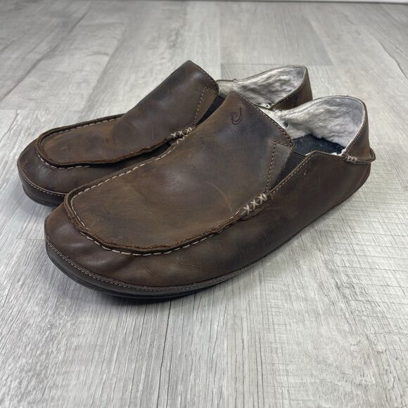 Olukai Mens Moloa Slipper Shoe Size 12 Brown Leather Shearling Loafer Beach A - Picture 1 of 10